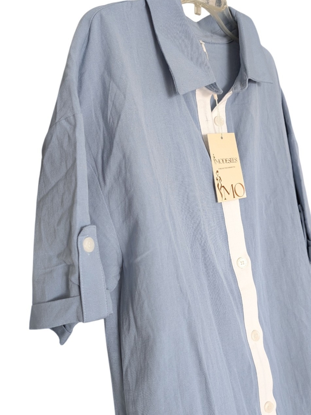 🔹 Modesees Chambray Blue Maxi Shirt Dress Colorblock Size L 🔹 - Picture 3 of 7